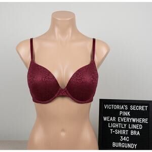 PINK Victoria's Secret 34C Bra Burgundy Leopard Wear Everywhere T-Shirt VS